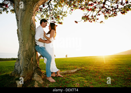 Paar umarmt von Baum im park Stockfoto