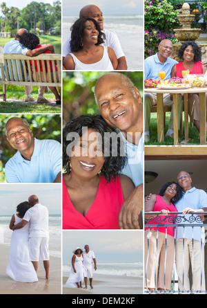 Glücklich senior afroamerikanischen paar zusammen außerhalb aktiven Ruhestand im Sommersonnenschein, Strandpark & Garten gesunde Ernährung Stockfoto
