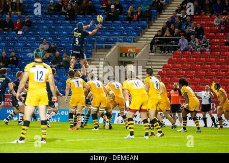 Salford, UK. 20. September 2013. Sale Sharks sperren Michael Paterson während der Aviva Premiership Spiel zwischen Verkauf Haifische und London Wasps aus dem AJ-Bell-Stadion. Bildnachweis: Aktion Plus Sport/Alamy Live-Nachrichten Stockfoto