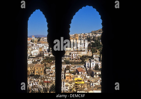 Albaicín Viertel aus Oratorium Mexuar.Mexuar.Nazaries Paläste. Alhambra, Granada. Andalusien, Spanien Stockfoto