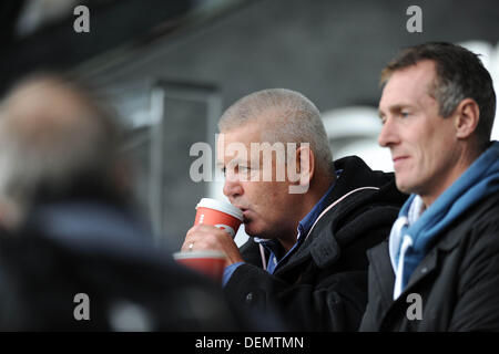 Swansea, Wales, Großbritannien. 21. September 2013. RaboDirect Pro12 - Fischadler V Edinburgh im Liberty Stadium: Wales Rugby-Coach Warren Gatland und Assistent Rob Howley das Spiel beobachten. Bildnachweis: Phil Rees/Alamy Live-Nachrichten Stockfoto