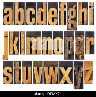 komplette englische Kleinbuchstaben-Alphabet - eine Collage aus 26 isolierte Antik Holz Buchdruck Druckstöcken Stockfoto