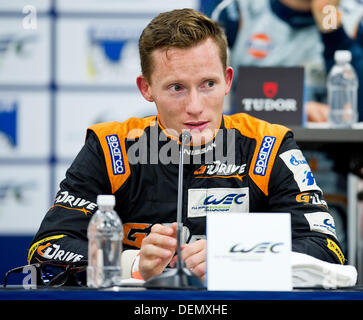 Austin, Texas, USA. 21. September 2013. 21. September 2013: Mike Conway mit G-Drive Racing (LMP-2) bei der Pressekonferenz, nimmt die Pole Position beim Circuit of the Americas. Austin, TX. Bildnachweis: Csm/Alamy Live-Nachrichten Stockfoto