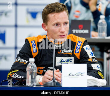 Austin, Texas, USA. 21. September 2013. 21. September 2013: Mike Conway mit G-Drive Racing (LMP-2) bei der Pressekonferenz, nimmt die Pole Position beim Circuit of the Americas. Austin, TX. Bildnachweis: Csm/Alamy Live-Nachrichten Stockfoto