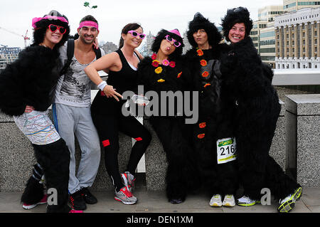 London, UK. 21. September 2013. Die Great Gorilla Run findet in London, Vereinigtes Königreich. Jetzt hat das Ereignis in ihrem 10ten Jahr, mehr als £ 1,9 Millionen für die Erhaltung der biologischen Vielfalt und Projekten zur Reduktion von Armut in Zentralafrika ausgelöst. Seit der ersten großen Gorilla Run im Jahr 2003 haben Tausende von Menschen zog ihren Gorilla-Anzügen und trat der 7 k Volkslauf Route beginnend am Mincing Hof in der Stadt und einige der berühmtesten Wahrzeichen Londons, darunter der Tower of London und St. Pauls Kathedrale vorbei. Bildnachweis: Siehe Li/Alamy Live News Stockfoto