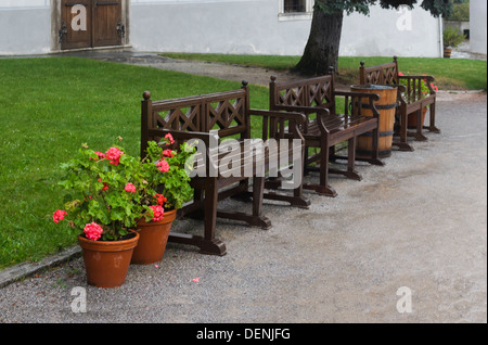 Holzbank und Blumen in einem Topf Stockfoto