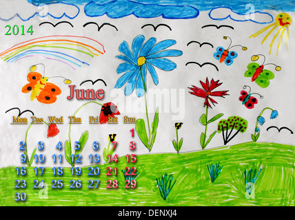 Bunte Kinder Zeichnung mit Schmetterlingen und Blumen Stockfoto