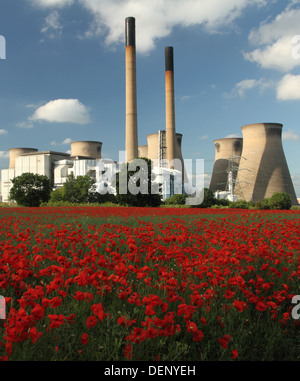 Ferrybridge Kohlekraftwerk Kraftwerk Kühltürme betrachtet über rote Mohnfeld Stockfoto