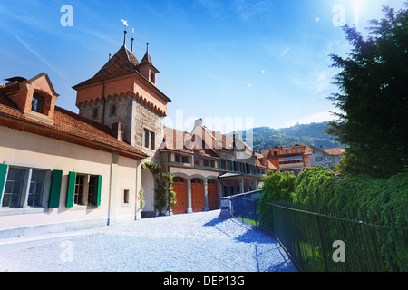 Innenhof des Schlosses Oberhofen Schweiz in der Nähe von Bern Stockfoto