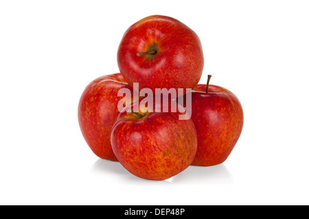 Vier rote Äpfel, die isoliert auf weißem Hintergrund Stockfoto