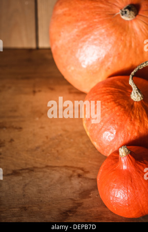 Kürbisse auf hölzernen Grunge Hintergrund, Hintergrund-Tabelle. Herbst, Halloween, Kürbis, Exemplar, rot, squash Stockfoto