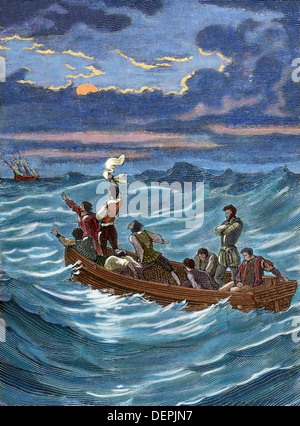 Henry Hudson (1565-1611). Englischer Seefahrer und Polarforscher. Hudson von seiner Besatzung aufgegeben. Farbige Gravur. Stockfoto