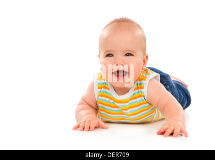 Glückliches kleines Baby isoliert auf weißem Hintergrund. Stockfoto