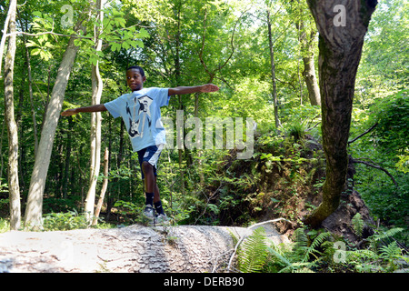 Black Boy, 11, aus New Haven erforscht das Holz in eine Wanderung in West Rock Park. Stockfoto