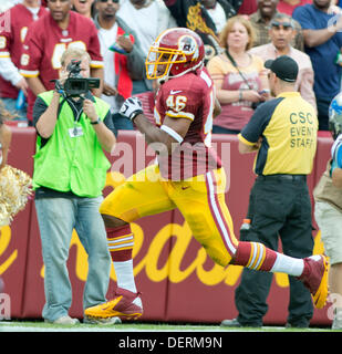 Landover, Maryland, USA. 22. September 2013. Washington Redskins zurück Alfred Morris (46) läuft für einen Touchdown im zweiten Quartal-Aktion gegen die Detroit Lions in FedEx Field in Landover, Maryland auf Sonntag, 22. September 2013 laufen. Bildnachweis: Ron Sachs / CNP Stockfoto