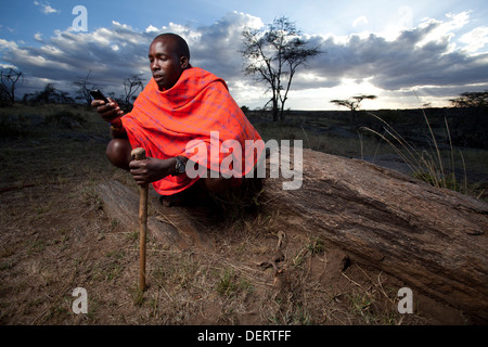 Maasai Mann senden einen Text Nachricht, Mara-Region, Kenia Stockfoto