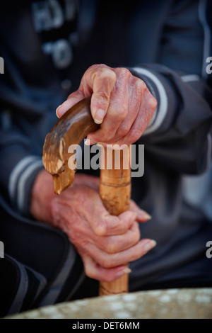 Älterer Mann Hände halten eine geschnitzte walking stick, Italien. Stockfoto