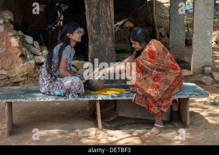 Zwei indische Frauen zerkleinern Kurkuma Wurzeln zu Pulver mit einem runden Stein in einem indischen Dorf. Andhra Pradesh, Indien Stockfoto