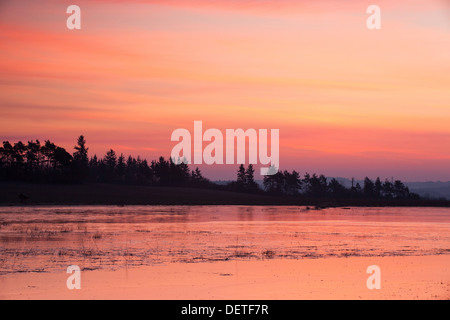 Jäger-Turm neben dem Teich im Winter bei Sonnenaufgang Stockfoto