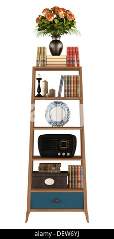 Retro-Bücherregal mit Vintage Objekte isoliert auf weiss - Rendering Stockfoto