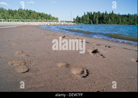 Fußspuren im Sand und Baden Steg Stockfoto