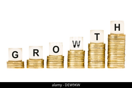 Wort Wachstum auf Zeile der Goldmünze Stapel isoliert weiß Stockfoto