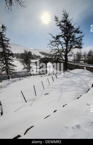 Gairnshiel-Brücke im Winter bei Glen Gairn in Aberdeenshire, Schottland Stockfoto