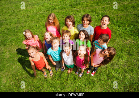 Große Gruppe von Kindern, jungen und Mädchen, ca. 10 Jahre alt, steht auf dem grünen Rasen-Shooting von oben Stockfoto