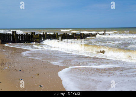 Holz-Buhnen am Mundesley auf der Küste von Norfolk England UK Europa Stockfoto