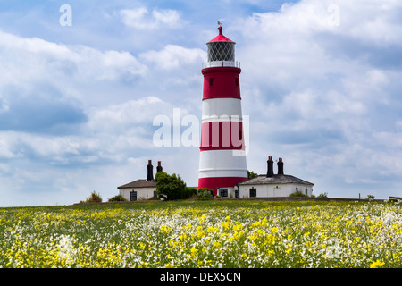 Buntes Feld und Happisburgh Leuchtturm North Norfolk England UK Europe Stockfoto