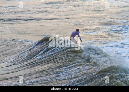 FOLLY BEACH, SOUTH CAROLINA, USA - 25. Oktober 2012: Surfer reitet eine große Welle von Hurrikan Sandy in Folly Beach, SC, USA Stockfoto