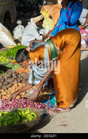 Indische Frau kaufen Zwiebeln aus einem Straßenmarkt in Puttaparthi, Andhra Pradesh, Indien Stockfoto