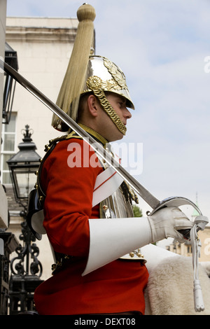 Behandschuhte Hand ein Schwert hält montiert Mitglied der Household Cavalry auf Horse Guards Parade in Whitehall, London Stockfoto