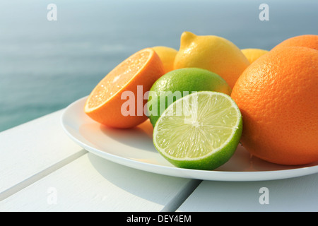 Orangen, Zitronen und Limetten an der Küste Stockfoto