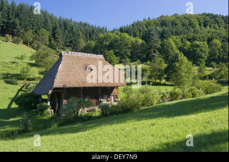 Reetgedeckte Mühle mit einem Bauerngarten, Oberprechtal in Elzach, Schwarzwald, Baden-Württemberg Stockfoto