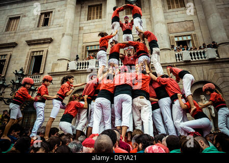 Barcelona, Spanien. 24. September, 2013: die Castellers von Barcelona einen menschlichen Turm vor Barcelonas Rathaus bauen während des Stadtfestes, La Merce, 2013 © Matthi/Alamy Live-Nachrichten Stockfoto