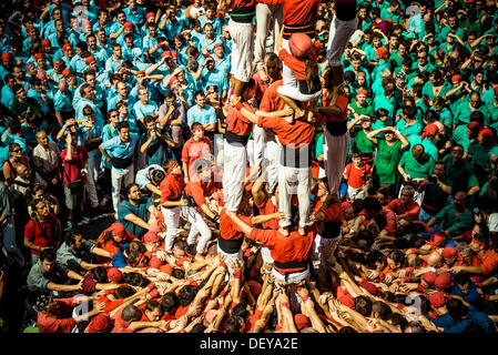 Barcelona, Spanien. 24. September, 2013: die Castellers von Barcelona einen menschlichen Turm vor Barcelonas Rathaus bauen während des Stadtfestes, La Merce, 2013 © Matthi/Alamy Live-Nachrichten Stockfoto