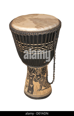 Moderne westafrikanische Djembe Trommel mit Hasen Design verziert Stockfoto
