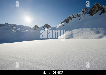 Verschneite Berglandschaft, Tignes, Val d ' Isere, Savoy, Alpen, Frankreich Stockfoto