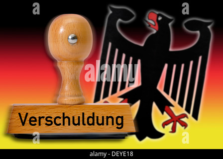 Stempel mit dem Wort "Verschuldung", Schulden, Bundesadler und Nationalfarben Stockfoto