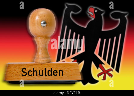 Stempel mit dem Wort "Schulden", Schulden, Bundesadler und Nationalfarben Stockfoto