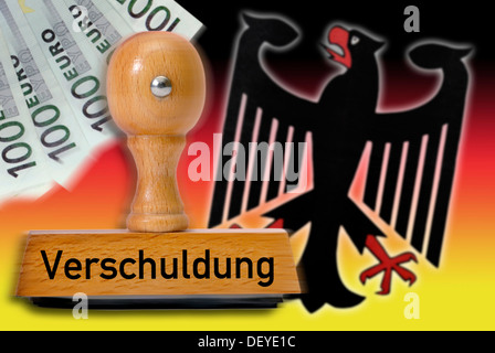 Stempel mit dem Wort "Verschuldung", Schulden, Bundesadler und Nationalfarben Stockfoto