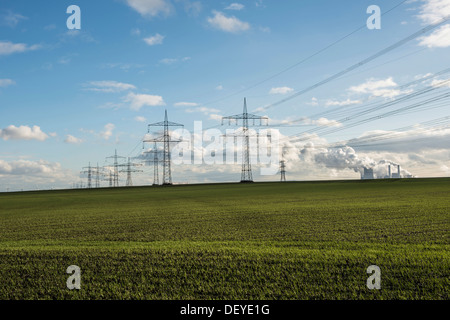 Übertragung von Hochspannungsmasten, Freileitungen, Grevenbroich, Rheinland, Nordrhein-Westfalen, Deutschland Stockfoto