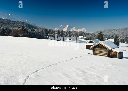 Verschneite Almen und Heustadel, Zugspitze massiv an der Rückseite, Mittenwald, Upper Bavaria, Bavaria, Germany Stockfoto