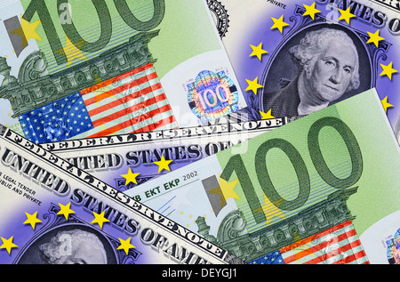 US-Dollar Marke mit EU-Sternen und Eurols mit USA-Flagge, Freihandelszone zwischen den USA und der EU Stockfoto