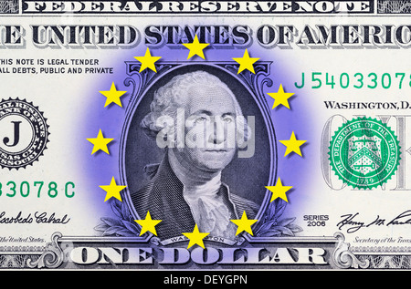 US-Dollar-Marke mit EU-Sternen, symbolische Foto Freihandelszone zwischen den USA und der EU Stockfoto