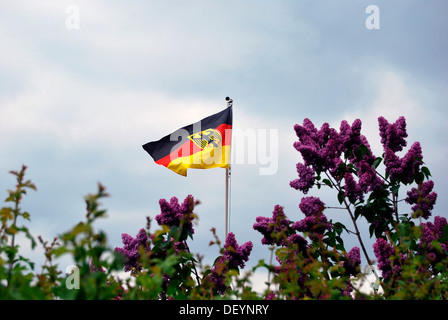 Dunkle Wolken über Deutschland, deutsche Flagge, die zwischen Flieder, symbolisches Bild für eine Krise Stockfoto