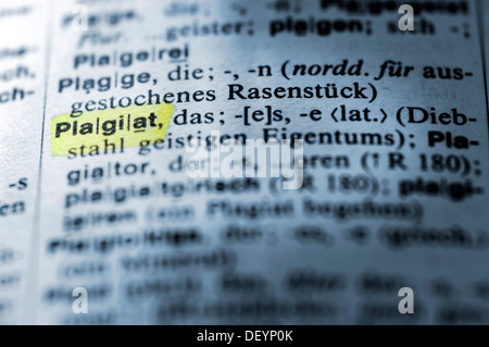 Definition des Plagiats in einem deutschen Wörterbuch, Plagiat Stockfoto