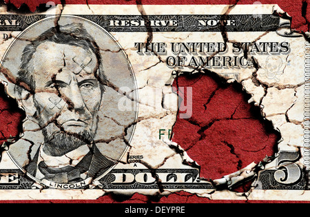 Verbrannten fünf Dollarschein, symbolisches Bild für US-Staatsverschuldung Stockfoto
