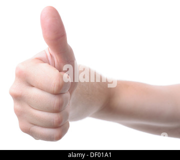 großer Daumen hoch für die Kamera, isoliert auf weiss Stockfoto